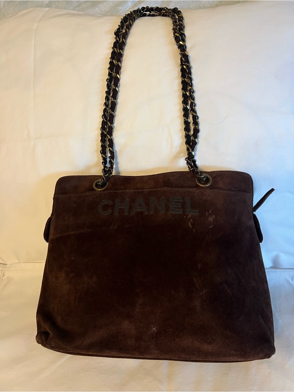 Vintage Chanel Brown Suede Spell-Out Double Chain Tote Bag